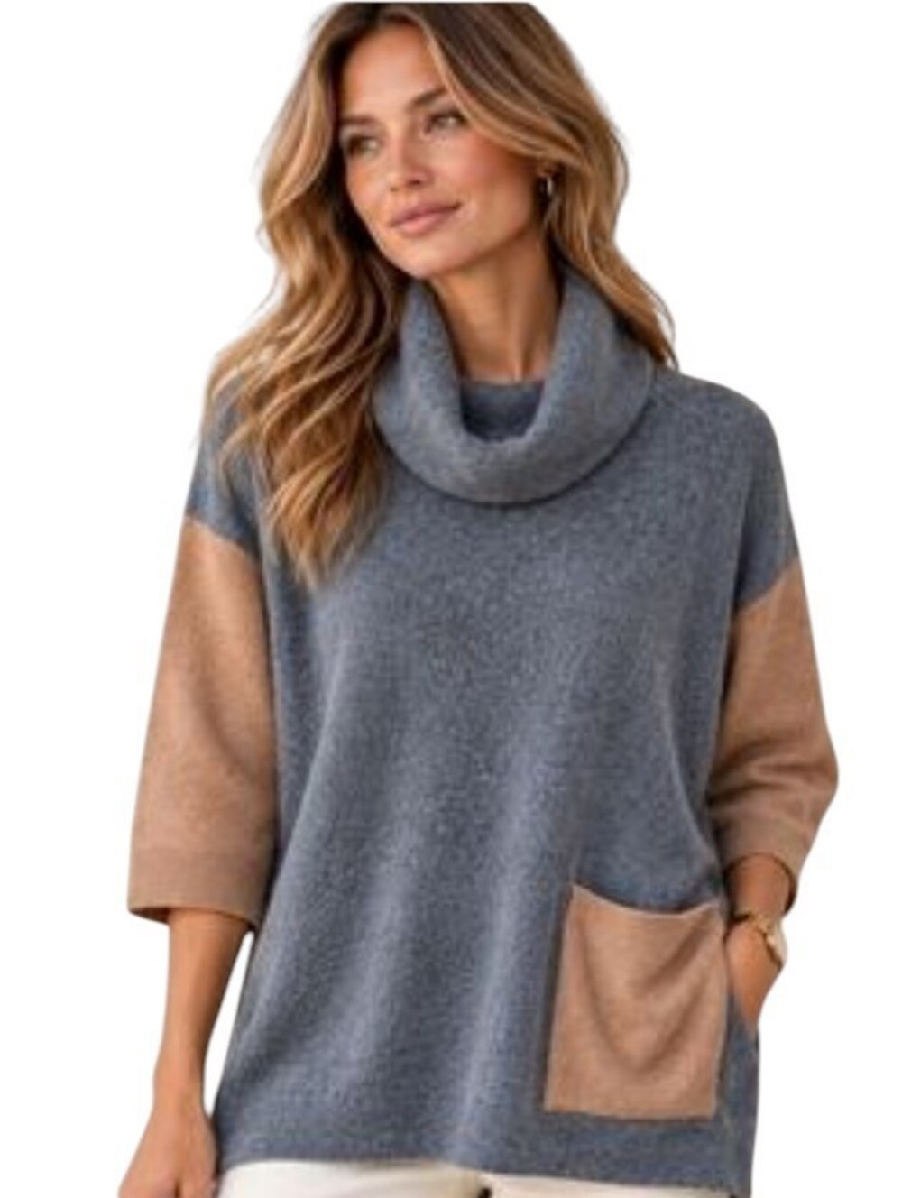 Garnet Hill Sylvie Cown Neck Sweater Color Block Gray & Tan Medium